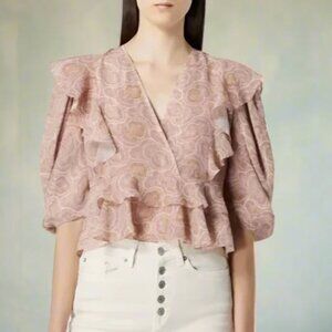 The Kooples Boho Silk Blend Crop Top Womens Pink Short Puff Sleeve V Neck Ruffle